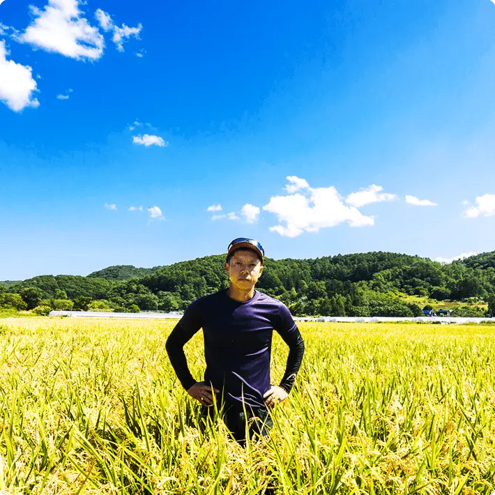 青空の下、黄金色に実った田んぼの中に立つ生産者の男性と、奥に広がる山々の風景