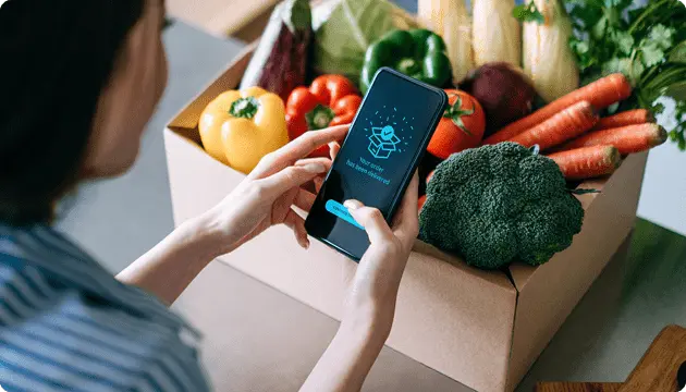 野菜の入った箱を前に、スマートフォンで管理やサービスを確認している様子