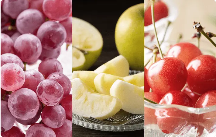 北海道余市産の色鮮やかなりんご、ぶどう、さくらんぼなど旬の果物を詰め合わせた写真