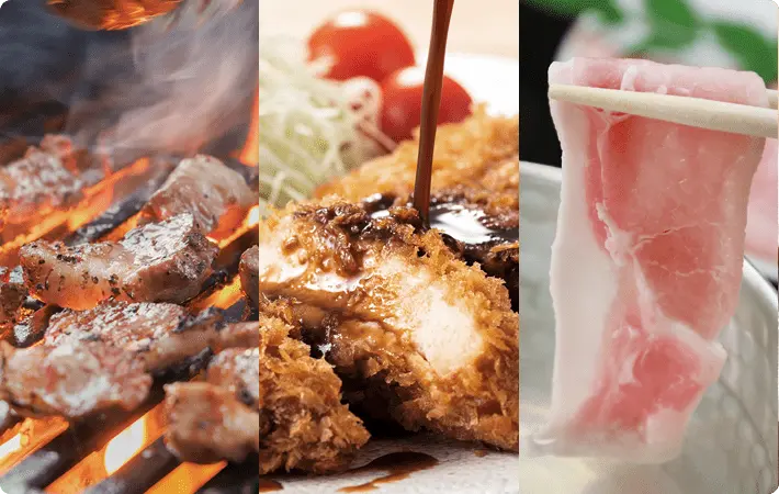 北島麦豚を使用した料理イメージ。網焼きの豚肉、ソースをかけた豚カツ、しゃぶしゃぶ用の豚肉を箸で持ち上げている写真の3枚組
