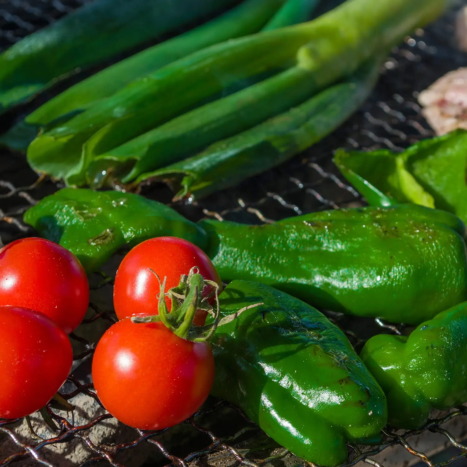 網の上で焼かれるピーマンやトマトなどの新鮮な野菜